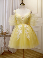 Light Yellow Tulle with Lace Puffy Sleeves Party Dresses, Yellow Homecoming Dresses