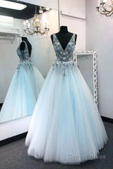 A Line V Neck Tulle Long Prom Dress with Flowers, Sleeveless Party Dress