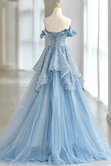 Light Sky Blue Off the Shoulder Tulle Prom Dresses, Sparkly Long Party Gown