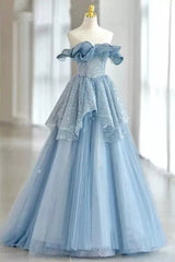 Light Sky Blue Off the Shoulder Tulle Prom Dresses, Sparkly Long Party Gown