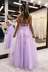 lilac a line spaghetti straps lace long prom dress with slit