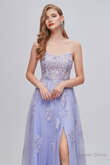 Lilac Appliques Lace-Up A-Line Long Prom Dresses with Slit