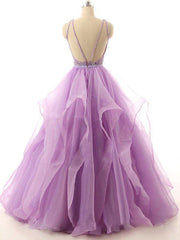 Lilac Lace Beaded Long Organza Quinceanera Ball Gowns