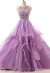 Lilac Lace Beaded Long Organza Quinceanera Ball Gowns