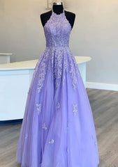 Lilac Princess Halter Long/Floor-Length Lace Tulle Prom Dresses With Appliqued Beading