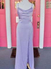 Lilac Satin Spaghetti Straps Pleats Prom Dresses