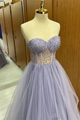 Lilac Strapless Beaded Ruffle-Layers Tulle Long Prom Dresses