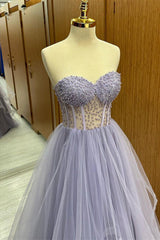 Lilac strapless kralen ruche-layers tule lange prom-jurk