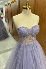 Lilac Strapless Beaded Ruffle-Layers Tulle Long Prom Dresses