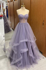 Lilac Strapless Beaded Ruffle-Layers Tulle Long Prom Dresses