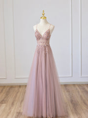 Pink V-Neck Tulle Long Prom Dresses with Beaded, Pink Spaghetti Strap Evening Dresses