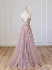 Pink V-Neck Tulle Long Prom Dresses with Beaded, Pink Spaghetti Strap Evening Dresses