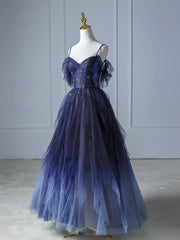 Blue Gradient Tulle Long Prom Dresses, Beautiful Spaghetti Strap Evening Party Dresses