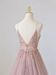 Pink V-Neck Tulle Long Prom Dresses with Beaded, Pink Spaghetti Strap Evening Dresses