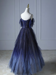 Blue Gradient Tulle Long Prom Dresses, Beautiful Spaghetti Strap Evening Party Dresses