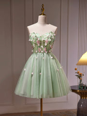 Green Tulle Beaded Party Dresses, Green Short Prom Dresses with Flowers