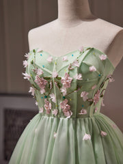 Green Tulle Beaded Party Dresses, Green Short Prom Dresses with Flowers