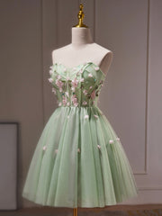 Green Tulle Beaded Party Dresses, Green Short Prom Dresses with Flowers