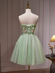 Green Tulle Beaded Party Dresses, Green Short Prom Dresses with Flowers