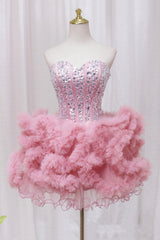 Pink Sweetheart Neckline Tulle Short Prom Dresses with Rhinestones, Cute Party Dresses