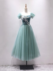 Green Velvet Tulle Tea Length Prom Dresses, Cute A-Line Party Dresses with Lace