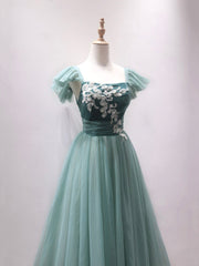 Green Velvet Tulle Tea Length Prom Dresses, Cute A-Line Party Dresses with Lace