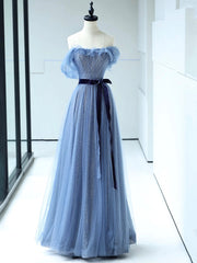 Strapless Tulle Blue Floor Length Prom Dresses, A-Line Blue Evening Party Dresses