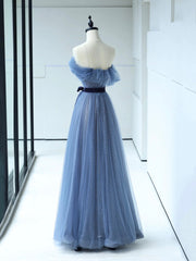 Strapless Tulle Blue Floor Length Prom Dresses, A-Line Blue Evening Party Dresses