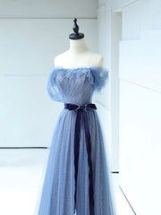 Strapless Tulle Blue Floor Length Prom Dresses, A-Line Blue Evening Party Dresses