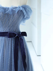 Strapless Tulle Blue Floor Length Prom Dresses, A-Line Blue Evening Party Dresses