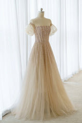 A-Line Tulle Beaded Long Prom Dresses, Champagne Short Sleeve Evening Dresses