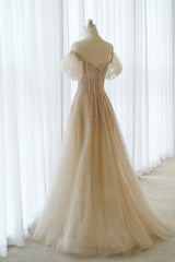 A-Line Tulle Beaded Long Prom Dresses, Champagne Short Sleeve Evening Dresses