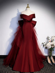 Burgundy V-Neck Satin Long Prom Dresses, Mermaid Off Shoulder Evening Dresses with Bow