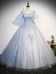 Blue Tulle Lace Long Prom Dresses, Shiny A-Line Short Sleeve Evening Dresses