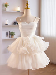 White Tulle Sweetheart Short Prom Dresses, White Tulle Straps Party Dresses