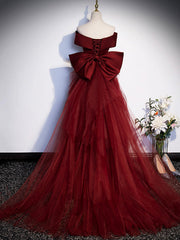 Burgundy V-Neck Satin Long Prom Dresses, Mermaid Off Shoulder Evening Dresses with Bow