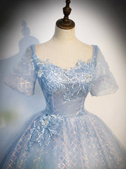 Blue Tulle Lace Long Prom Dresses, Shiny A-Line Short Sleeve Evening Dresses