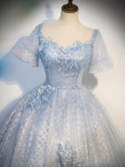 Blue Tulle Lace Long Prom Dresses, Shiny A-Line Short Sleeve Evening Dresses