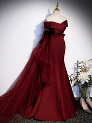 Burgundy V-Neck Satin Long Prom Dresses, Mermaid Off Shoulder Evening Dresses with Bow