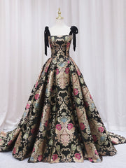 Black Floral Floor Length Prom Dresses, A-Line Black Evening Dresses