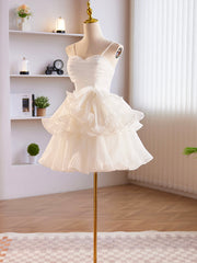 White Tulle Sweetheart Short Prom Dresses, White Tulle Straps Party Dresses