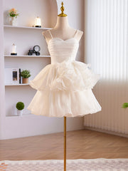 White Tulle Sweetheart Short Prom Dresses, White Tulle Straps Party Dresses