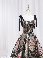 Black Floral Floor Length Prom Dresses, A-Line Black Evening Dresses