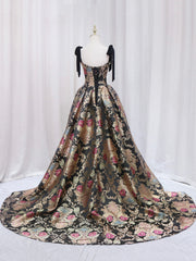 Black Floral Floor Length Prom Dresses, A-Line Black Evening Dresses