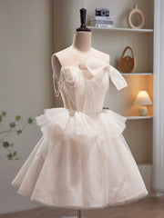 Champagne Spaghetti Strap Tulle Short Prom Dresses, Cute A-Line Homecoming Dresses