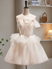 Champagne Spaghetti Strap Tulle Short Prom Dresses, Cute A-Line Homecoming Dresses