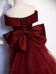 Burgundy V-Neck Satin Long Prom Dresses, Mermaid Off Shoulder Evening Dresses with Bow