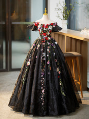 Black Tulle Long Prom Dresses with Lace Flowers, Beautiful Off Shoulder Evening Gown