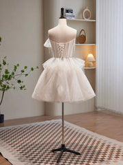 Champagne Spaghetti Strap Tulle Short Prom Dresses, Cute A-Line Homecoming Dresses