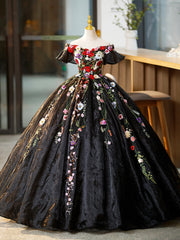 Black Tulle Long Prom Dresses with Lace Flowers, Beautiful Off Shoulder Evening Gown